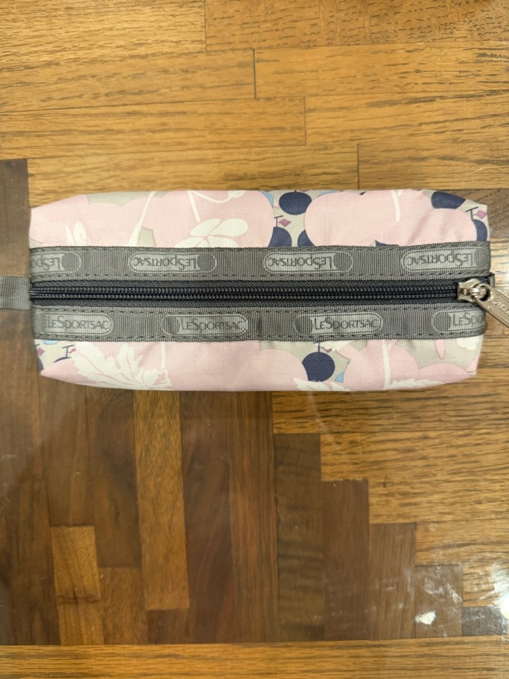 LeSportsac Pink Floral Double-Zip Pouch with Gray Trim